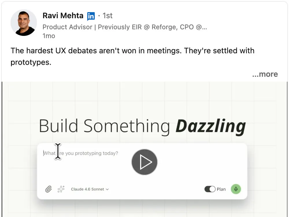 Ravi Mehta’s LinkedIn post for Dazl: “The hardest UX debates aren’t won in meetings”, with the campaign video